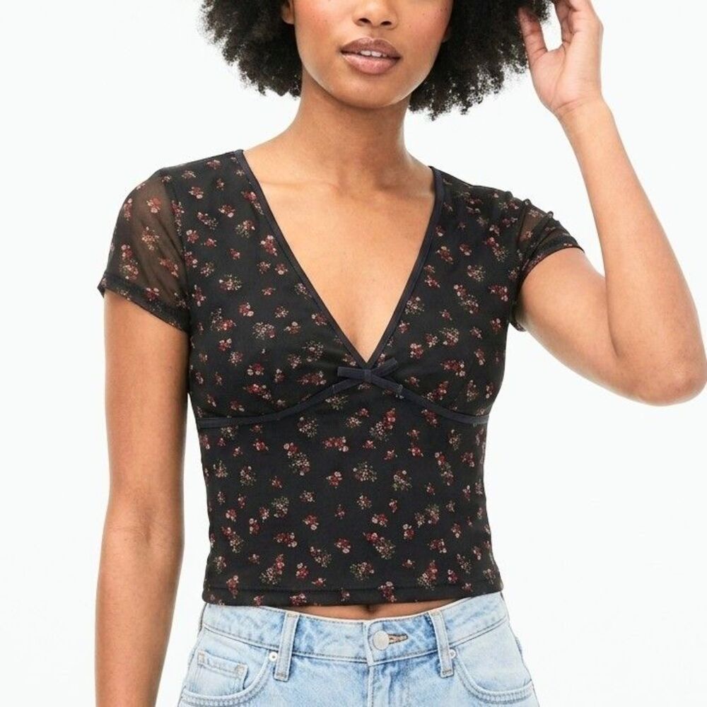 AEROPOSTALE Top Black Floral Print Mesh V-Neck Cropped Shirt Women XXS NEW NWT